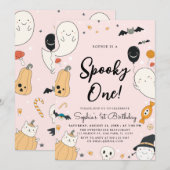 かわいいおばけのハロウィーンスプーキーな1歳の誕生日パーティー 招待状 (正面/裏面)