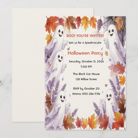 かわいいおばけの秋ハロウィン招待状 招待状 (正面/裏面)