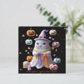 かわいいおばけの編み物ハロウィン招待ステッカー 招待状 (スタンド正面)