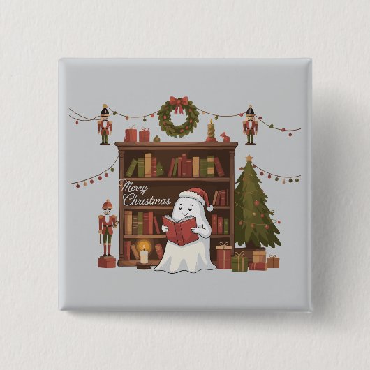 かわいいおばけの読書好きの本クリスマスの読書 缶バッジ (正面)