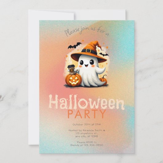 かわいいおばけの魔法使いの帽子とコーヒーのハロウィンパーティー 招待状 (正面)