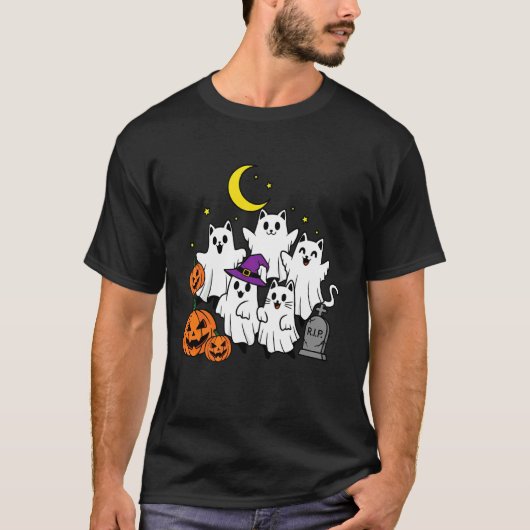 かわいいおばけ猫とかぼちゃの墓場 ハロウィン楽しみ Tシャツ (正面)