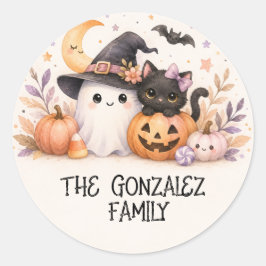 かわいいおばけ猫の家族のハロウィンステッカー ラウンドシール