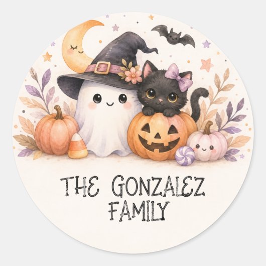 かわいいおばけ猫の家族のハロウィンステッカー ラウンドシール (正面)