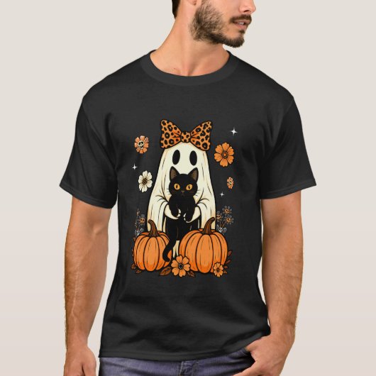 かわいいおばけ黒猫ヒョウ柄リボン ハロウィン 秋 Tシャツ (正面)