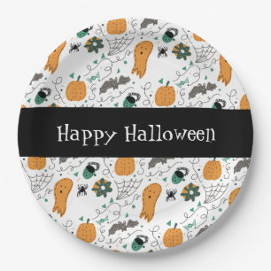 かわいいおばけ コウモリ かぼちゃ ハッピーハロウィン 落書き ペーパープレート