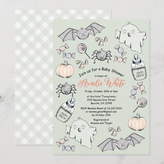 かわいいおばけ、コウモリ、クモのハロウィンベビーシャワー 招待状 (正面/裏面)