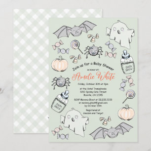 かわいいおばけ、コウモリ&クモのハロウィン ベイビーシャワー 招待状