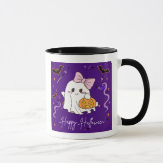 かわいいおばけ ハッピーハロウィン 紫の水彩マグカップ マグカップ