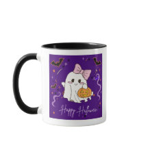 かわいいおばけ ハッピーハロウィン 紫の水彩マグカップ