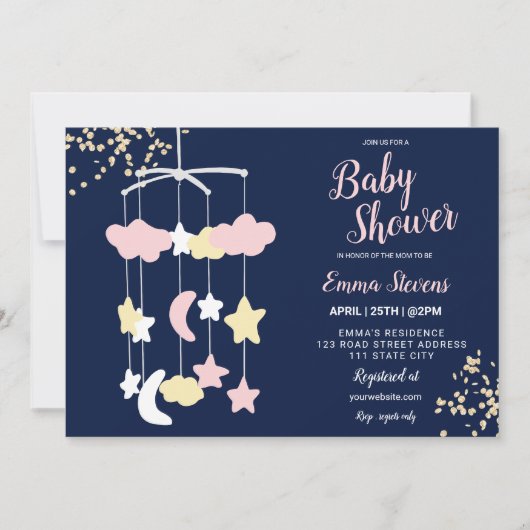 かわいいおぶら下がったもちゃのスカイ金ゴールドグリッターのベビーシャワー 招待状 (正面)