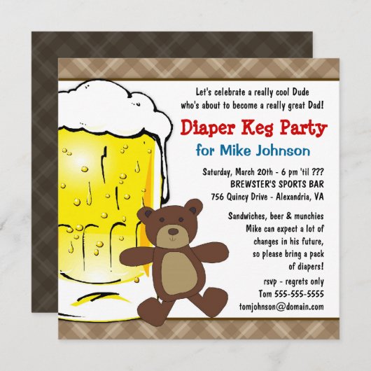 かわいいおむつの小樽の招待状-新しいお父さんビールパーティー 招待状 (正面/裏面)