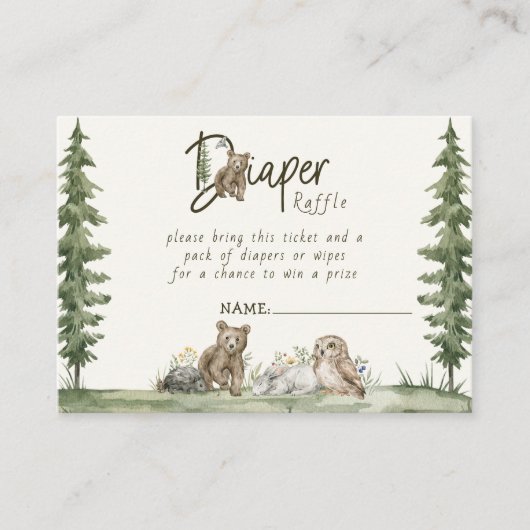 かわいいおむつラッフルウッドランド水彩赤ちゃんシャワー エンクロージャーカード (正面)