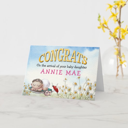 かわいいおめでとう新生児ガールネーム カード (黄色い花)