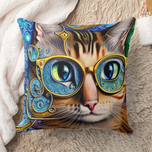 かわいいおもしろいおたく猫が眼鏡のアートワークを クッション (ブランケット)