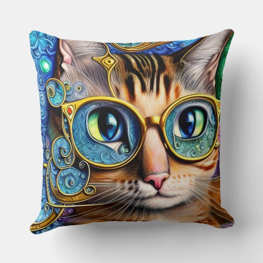 かわいいおもしろいおたく猫が眼鏡のアートワークを クッション (裏面)