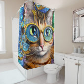 かわいいおもしろいおたく猫が眼鏡のアートワークを シャワーカーテン (インサイチュ)