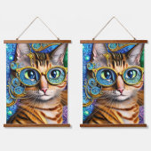 かわいいおもしろいおたく猫が眼鏡のアートワークを 吊り下げ型タペストリー (ダブル)