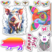 かわいいおもしろいと豚と蝶のビニールのシール シール (正面)