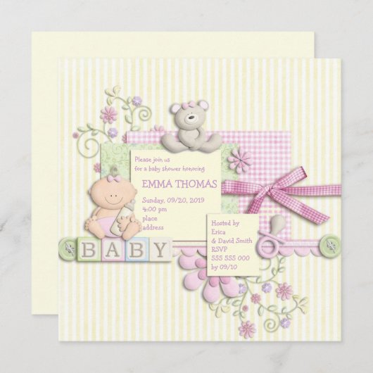 かわいいおもしろいのレトロのスクラップブックのベビーシャワーの女の子の招待 招待状 (正面/裏面)