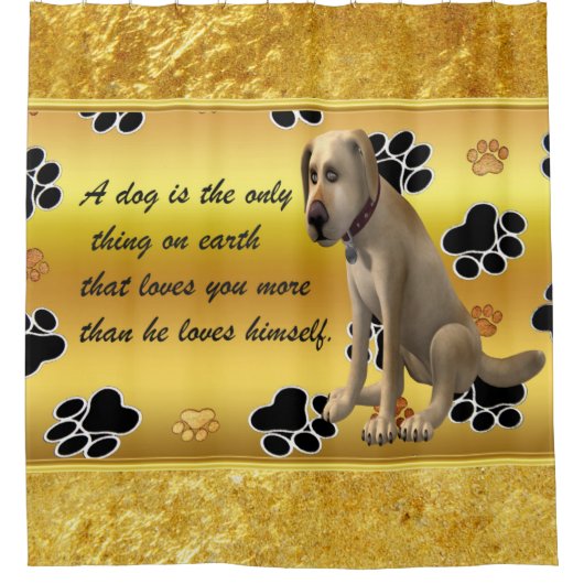 かわいいおもしろいの引用文と坐っている愛らしい犬 シャワーカーテン (正面)