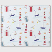 かわいいおもしろいの熱帯ビーチの灯台ボートパターン ラッピングペーパー (フラット)