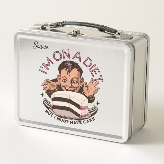 かわいいおもしろいもの私はダイエットに乗っているが、ケーキを食べなければならない メタルランチボックス (正面)