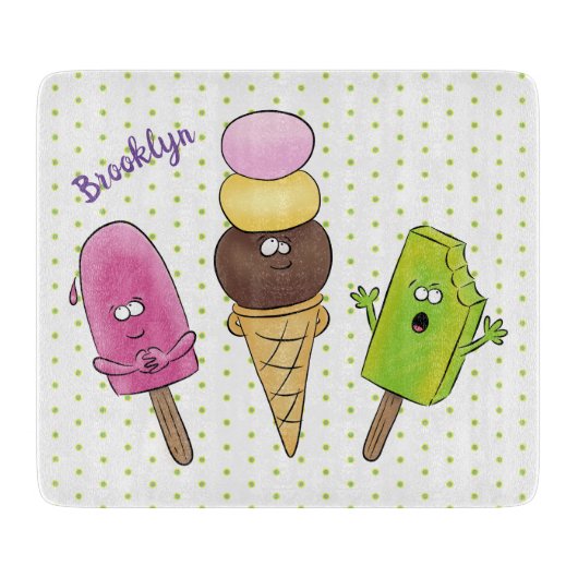 かわいいおもしろいアイスクリームポップシクル漫画トリオ カッティングボード (正面)