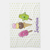 かわいいおもしろいアイスクリームポップシクル漫画トリオ キッチンタオル (縦)