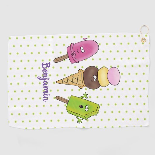 かわいいおもしろいアイスクリームポップシクル漫画トリオ ゴルフタオル (横)