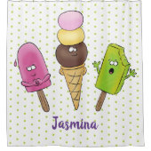 かわいいおもしろいアイスクリームポップシクル漫画トリオ シャワーカーテン (正面)