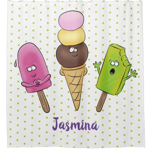 かわいいおもしろいアイスクリームポップシクル漫画トリオ シャワーカーテン (正面)