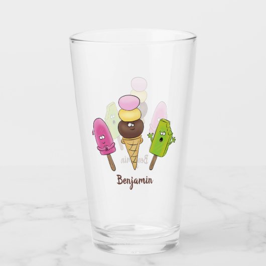 かわいいおもしろいアイスクリームポップシクル漫画トリオ タンブラーグラス (正面)