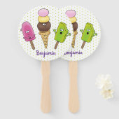 かわいいおもしろいアイスクリームポップシクル漫画トリオ ハンドファン (正面&裏面)