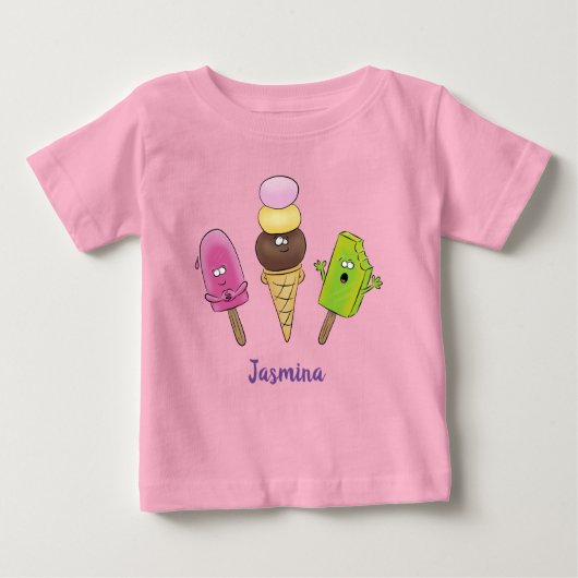 かわいいおもしろいアイスクリームポップシクル漫画トリオ ベビーTシャツ (正面)