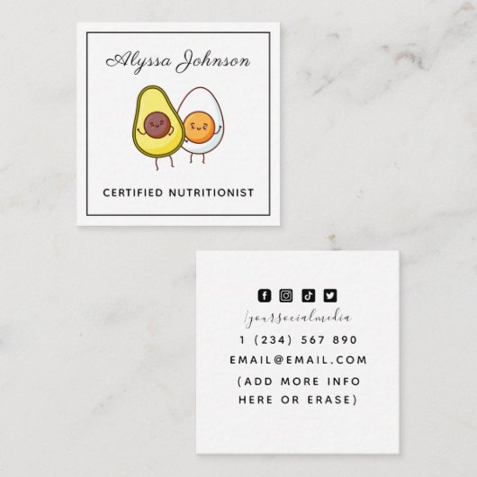 かわいいおもしろいアボカド&エッグケトテーマ栄養士 スクエア名刺 (正面/裏面)