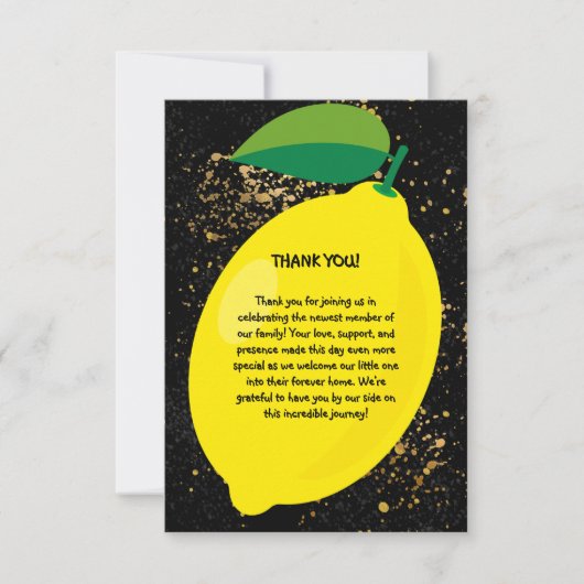 かわいいおもしろいイエローレモン金ゴールドグリッターベビーシャワー サンキューカード (正面)