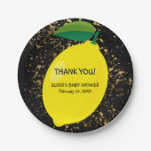 かわいいおもしろいイエローレモン金ゴールドグリッターベビーシャワー ペーパープレート (正面)