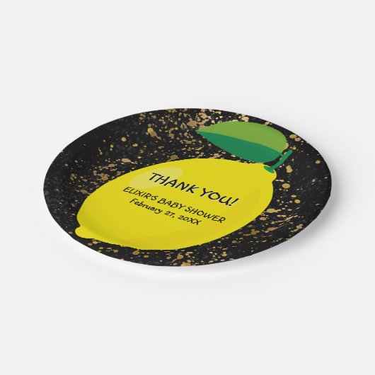 かわいいおもしろいイエローレモン金ゴールドグリッターベビーシャワー ペーパープレート (アングル)