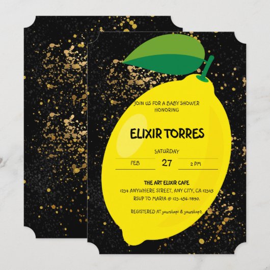 かわいいおもしろいイエローレモン金ゴールドグリッターベビーシャワー 招待状 (正面/裏面)