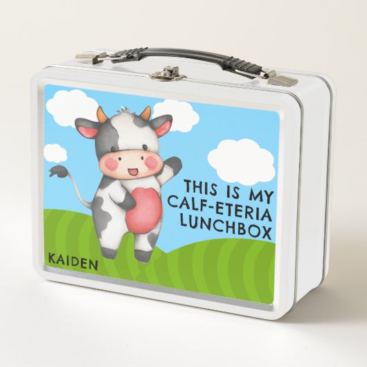 かわいいおもしろいカウプンジョークファームアニマルキッズ学校 メタルランチボックス (正面)