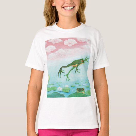 かわいいおもしろいカエルが池に飛び込む Tシャツ (正面)