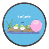 かわいいおもしろいカエルのバブルガム漫画イラストレーション アイスホッケーパック (正面)