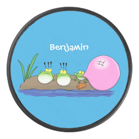 かわいいおもしろいカエルのバブルガム漫画イラストレーション アイスホッケーパック (正面)