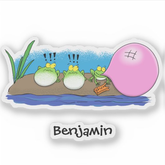 かわいいおもしろいカエルのバブルガム漫画イラストレーション シール (正面)