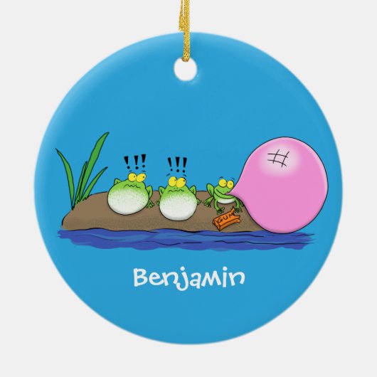 かわいいおもしろいカエルのバブルガム漫画イラストレーション セラミックオーナメント (裏面)
