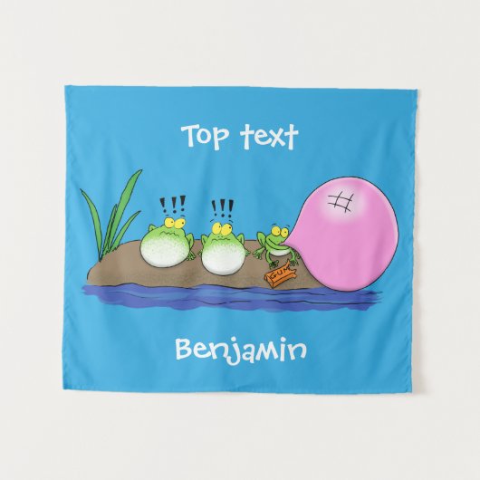 かわいいおもしろいカエルのバブルガム漫画イラストレーション タペストリー (正面(横))