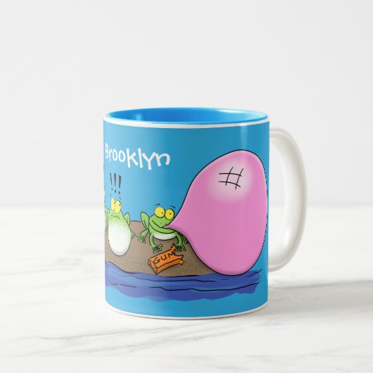かわいいおもしろいカエルのバブルガム漫画イラストレーション ツートーンマグカップ (正面右)