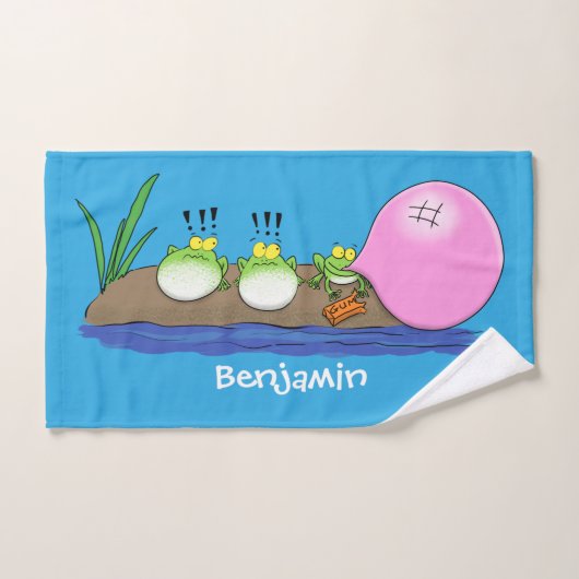 かわいいおもしろいカエルのバブルガム漫画イラストレーション バスタオルセット (ハンドタオル)