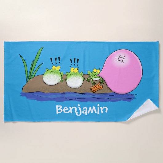 かわいいおもしろいカエルのバブルガム漫画イラストレーション ビーチタオル (正面)
